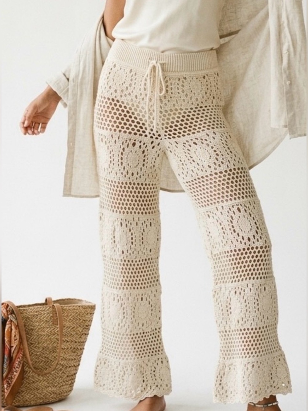 Aerie Cream Crochet Wide Leg Cover Up Pants High Waisted Boho Beach S